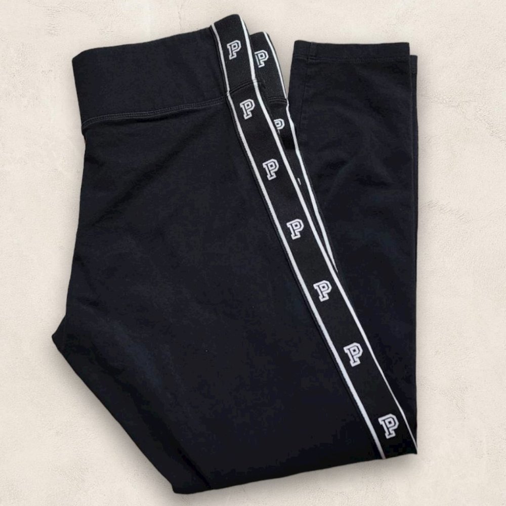Victoria's Secret Black Leggings with White Piping & 'P' Logo Trim